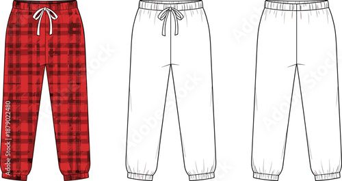 Vector technical flat sketch of pajama pants, featuring red plaid flannel pattern, elastic waistband with drawstring, jogger cuffs, for loungewear apparel design and fashion template.