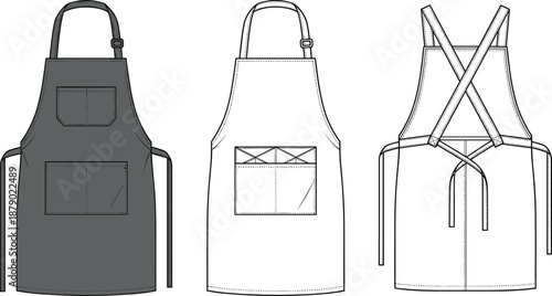 Vector technical flat sketch of professional aprons, bib style with adjustable neck strap, cross back design, utility pockets for chef, kitchen, and apparel design template.