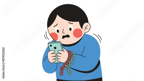 Digital Addiction: Cartoon Illustration of a Person Bound to a Phone