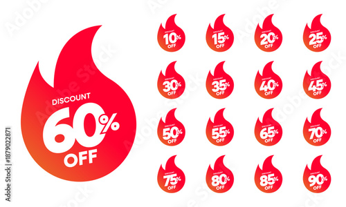 Flame Discount Percentage Stickers Set 10 to 90 Percent Off