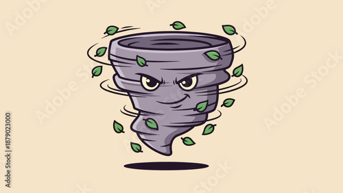 Cartoon Tornado Character with Angry Face and Swirling Leaves.
