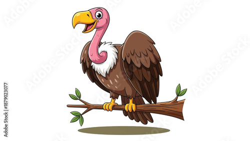 Cartoon Vulture Perched on a Tree Branch with Open Beak.