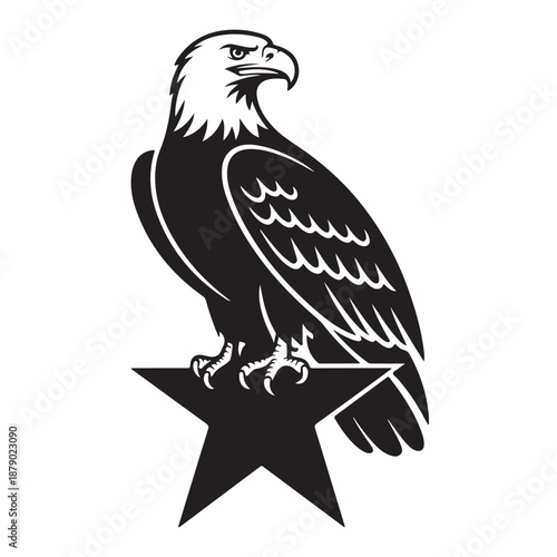 Bold black eagle perched on star symbol with strong gaze