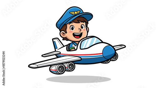 Cute Cartoon Boy Pilot Flying a Small Airplane.