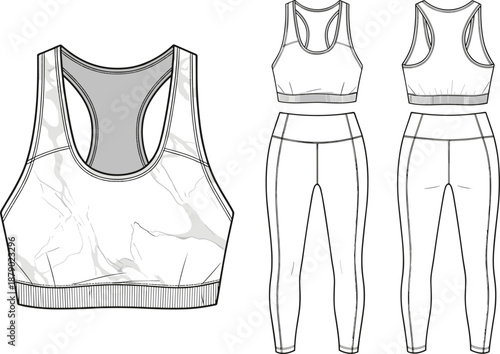 Vector technical flat sketch of women's activewear set, marble print sports bra and high waisted leggings, racerback top, athletic yoga apparel design template, mockup.