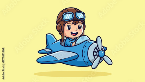 Cute Cartoon Pilot Boy Flying a Blue Airplane.