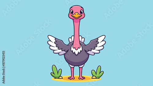 Cute Ostrich Standing with Wings Spread Wide.