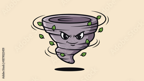 Cute Cartoon Tornado Character with Angry Face and Leaves.