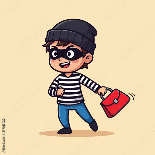 Cute Cartoon Thief Character Running with Stolen Bag.