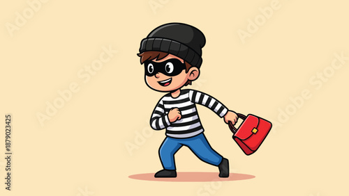 Cute Cartoon Thief Running with Stolen Bag.