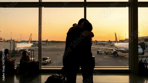 Emotional 4K Slow Motion Silhouette of a Young Couple Hugging at an Airport Terminal Window During Golden Hour Sunset