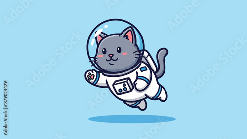 Cute Cat Astronaut Floating in Space Cartoon Illustration.