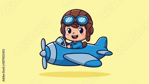 Cute Cartoon Pilot Flying a Blue Airplane.