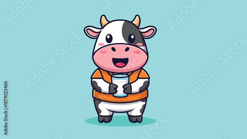 Cute Cow Holding Milk Cartoon Illustration.