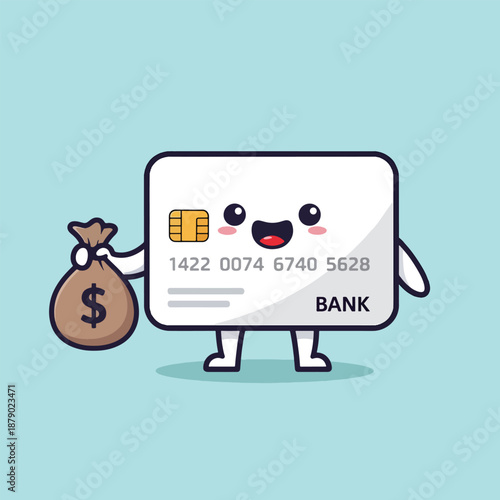 Cute Credit Card Character Holding Money Bag Vector.