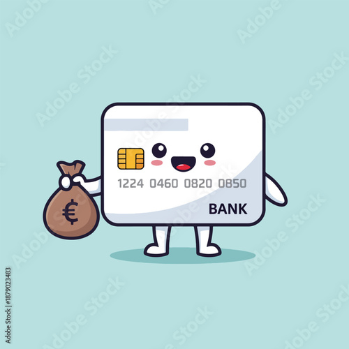 Cute Credit Card Character with Holding Money Bag