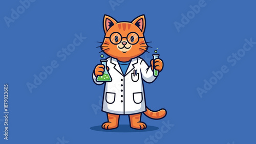 Cute Orange Cat Scientist Wearing Glasses and Lab Coat Holding Beakers.