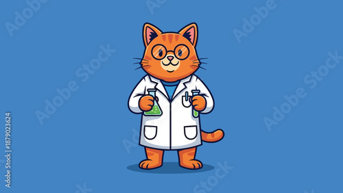 Cute Orange Cat Scientist Wearing Lab Coat and Glasses Holding Beakers.
