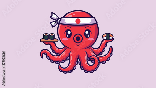 Cute Red Octopus Chef Serving Sushi.