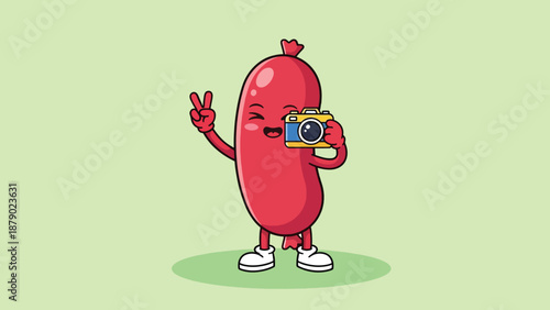 Sausage Character Taking a Selfie with a Camera.