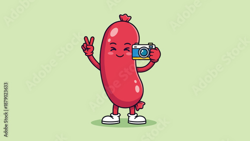Cute Sausage Character Taking a Selfie with a Camera Vector.