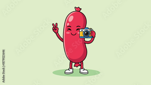Cute Sausage Character Taking a Selfie with a Camera.