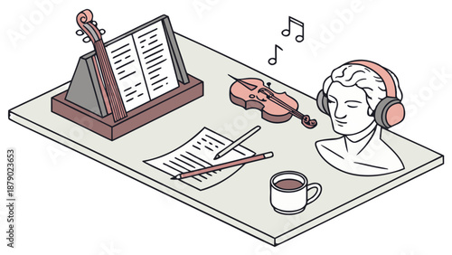 Isometric Music Desk with Violin, Sheet Music, and Bust with Headphones,  Isometric illustration of a desk with a violin, an open book of sheet music, a classical bust wearing headphones, a coffee cup