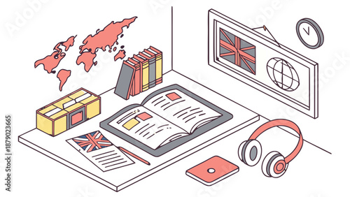 Isometric Desk with Union Jack, Map, Books, and Headphones,  Isometric illustration of a study desk with a world map, a framed Union Jack flag, books, an open textbook, headphones, and a tablet