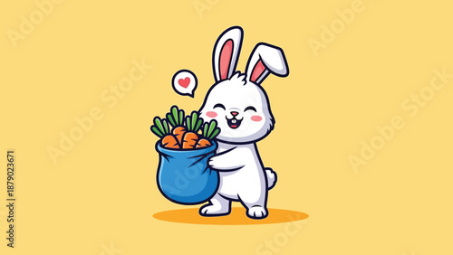 Cute White Bunny Holding a Bag of Carrots.
