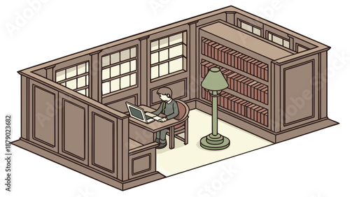 Isometric Library Study Cubicle, Person Working among Bookshelves,  An isometric line art illustration depicting a person working on a laptop within a classic, wood-paneled library cubicle, surrounded