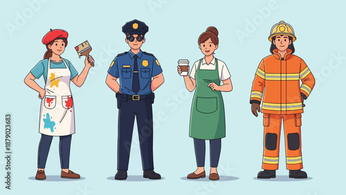 Diverse Professions Represented by Four Individuals in Uniforms Vector.
