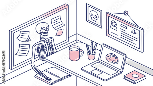 Flat Line Art Skeleton at Desk with Laptop and Brain,  Human skeleton sitting at a desk and working on a laptop. The laptop screen displays an image of a brain. The desk also holds a notebook, a pen 