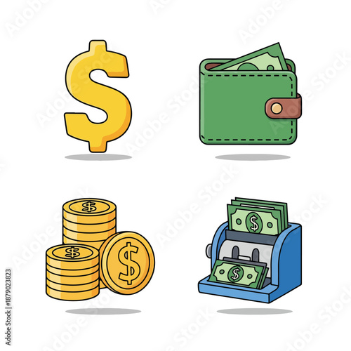Money and Finance Icons Set Dollar Sign Wallet Coins and Money Counter.