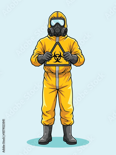 Person in Hazmat Suit Holding Biohazard Symbol.