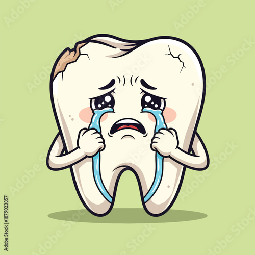 Sad Crying Tooth Character with Cavity and Cracked Enamel.