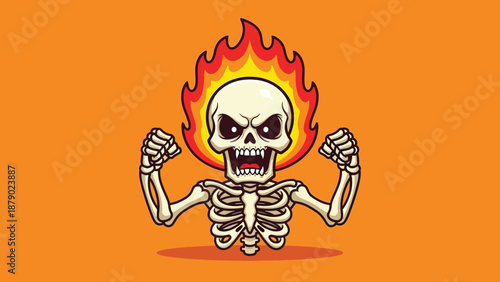 Scary Skeleton with Flaming Head and Angry Expression.