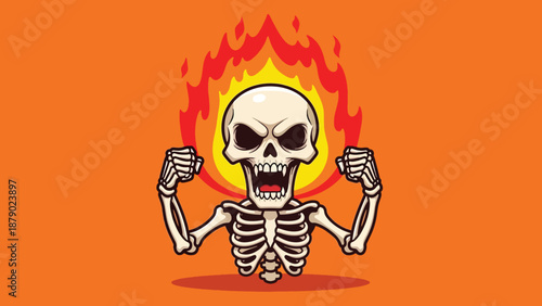 Scary Skeleton on Fire with Muscles Flexing.