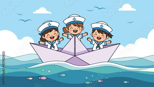 Three Happy Children Dressed as Sailors on a Paper Boat.