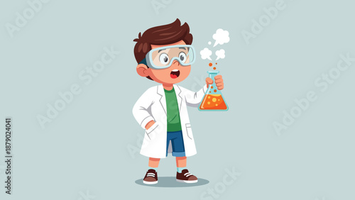 Young Boy in Lab Coat Conducting Science Experiment with Bubbling Flask.