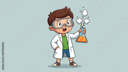Young Boy Scientist Conducting Experiment in Laboratory.