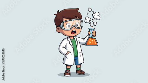 Young Scientist Conducting Experiment and Bubbling Flask.