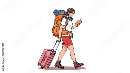 Young Traveler with Backpack and Suitcase Walking and Looking at Phone.