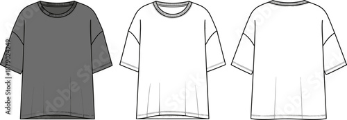 Vector technical flat sketch of women's oversized t-shirt, featuring drop shoulder, short sleeves, crew neck, for casual apparel design template, fashion garment drawing.