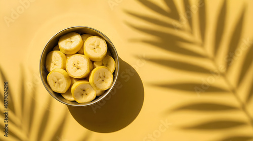 Sliced bananas in a bowl with palm leaf shadows on a yellow background during the daytime.
