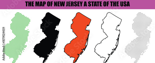 Silhouette, line art, dot, dotted, star art Five distinct vector maps showcasing the geographical outline of New Jersey a significant state in the United States of America presented in various graphic