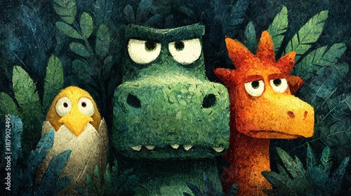 Friendly Dinosaurs and Bird Characters in a Colorful Jungle Setting