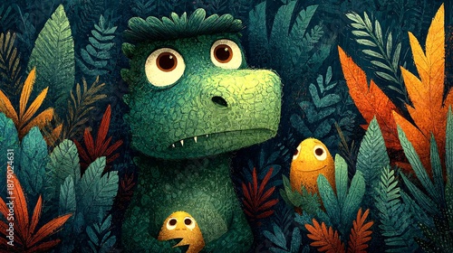 Friendly Cartoon Monster Surrounded by Colorful Tropical Foliage