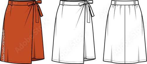 Vector technical flat sketch of women's wrap skirt, featuring side tie waist belt, high waisted, for apparel design template, fashion mockup, garment technical drawing.