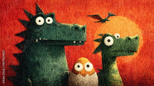 Colorful dinosaurs with cartoon birds in a vibrant landscape scene