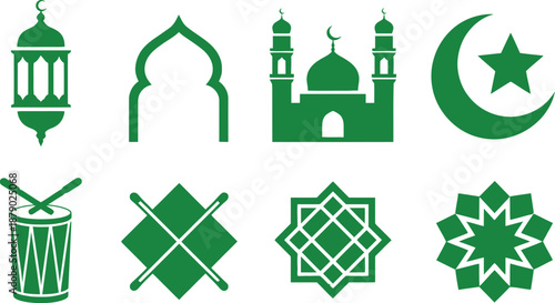 A collection of green islamic religious and cultural symbols featuring lanterns, mosques, and geometric patterns